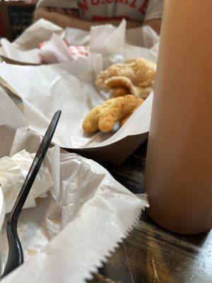 Leftover hush puppies and pork rinds. We ate fast.