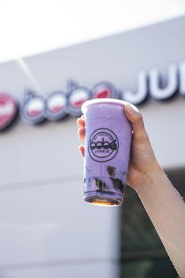 Icy Taro Smoothie with herbal grass jelly in the sun