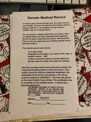 Sample medical record as identification. Please read.