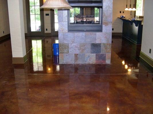 Stained concrete, Urathane clear finish ultra high gloss, stain proof, No maintainence. Bullet proof