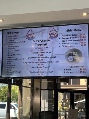 Topping ,extra charge toppings  and side menu