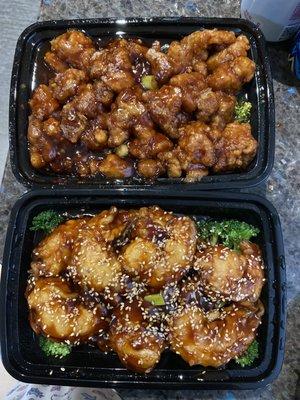 General Tso's Chicken large (top), Sesame Shrimp (bottom)