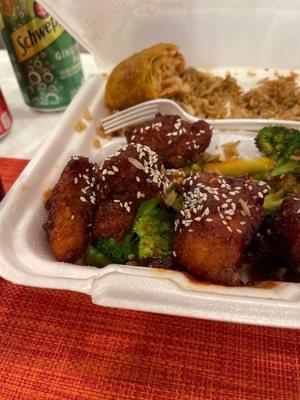 Sesame chicken, chicken fried rice, egg roll