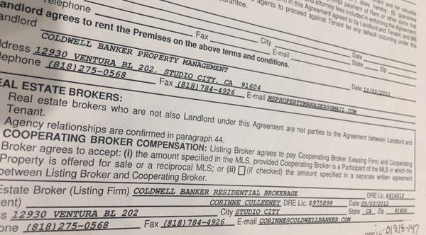 Paperwork out of my lease agreement with Corinnes contact info as well as address of where she worked during my lease term. she lied to Yelp