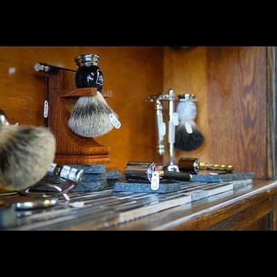 Great selection of razors and shave brushes to take home to complete your at home grooming collection.