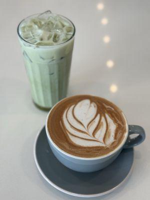 Iced strawberry matcha and decaf mocha with oat milk