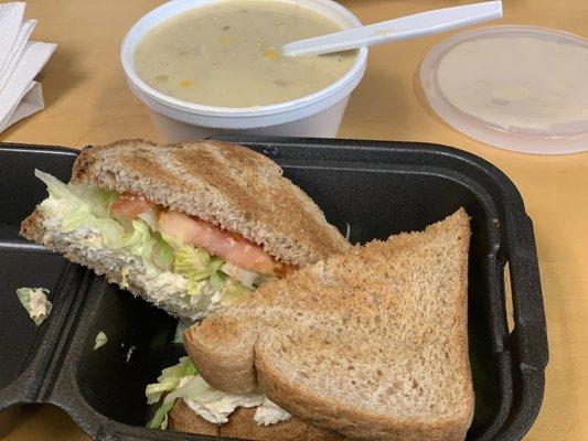 Chicken salad sandwich and corn and crab soup