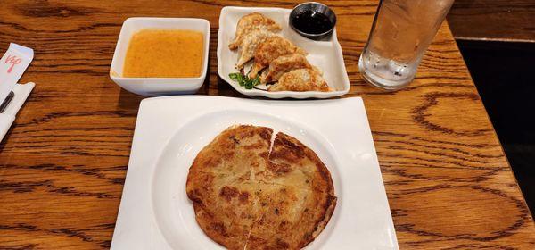 Potstickers and green onion pancake