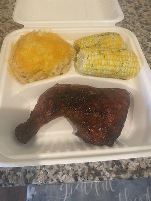 BBQ Chicken with Mac and Cheese and Corn on the Cob