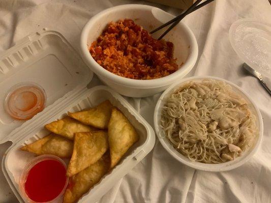 General Tso 's Chicken mixed with white rice. Chicken Mei Fun (no veggies). Crab Rangoon