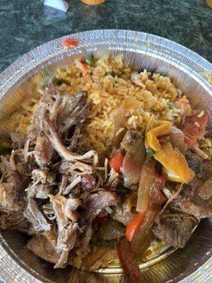 Hot bar food - rice, pernil & stewed beef with peppers and onions