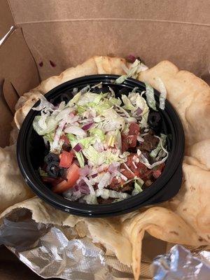 Burrito Bowl in shell to-go. I asked them to keep it separate to avoid sogginess. Happy with packaging!