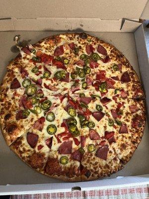 Custom thin crust jalapeño, salami and roasted red pepper