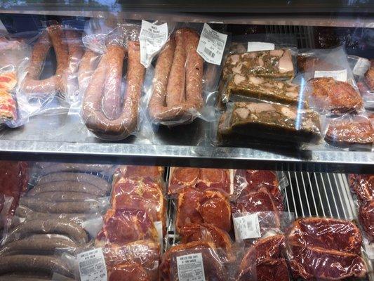 fresh boudin, homemade hogshead cheese, smoked pork sausage, stuffed pork chops, and black angus choice ribeyes