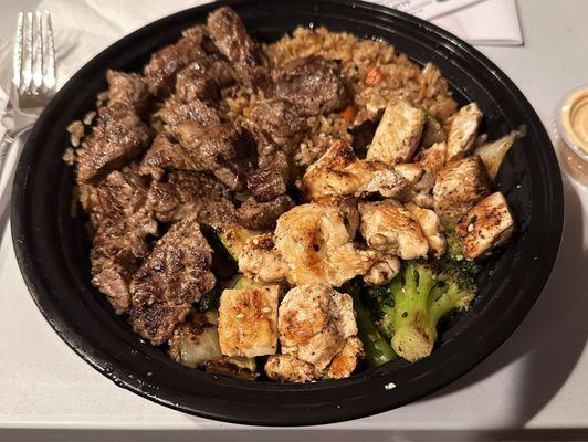 N.Y. Steak and Chicken Combo with fired rice.