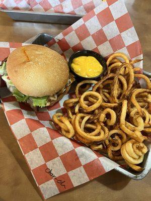 Char chick sandwich, curly fries with cheese