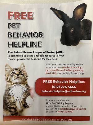 Boston animal rescue league offers  a free pet behavior, help line!