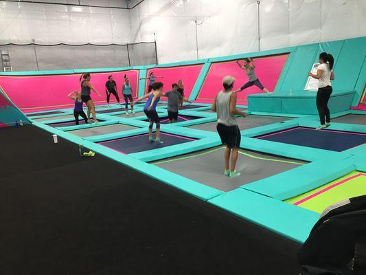 Adult Fitness Classes taught by Certified Trainer Suzanne Rose. More details: https://www.shellwebounce.com/mamatot-adult-trampoline-fitness