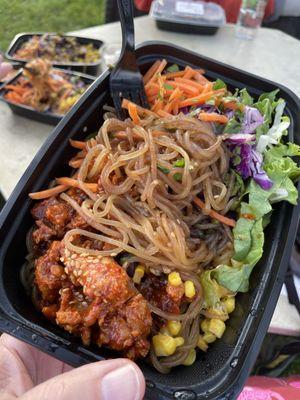 Spicy pork with japchae noodles