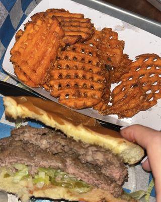 Burger & sweet potato waffle fries