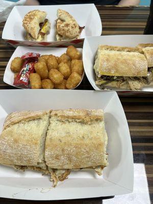 Chicken Philly, tots, and bacon egg and cheese cheese bagel