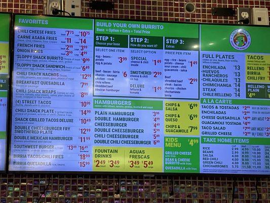 Menu displaying prices