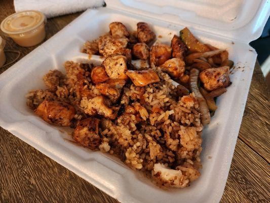 Dry chicken on a plate of grease.