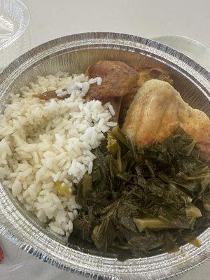 Baked chicken, Greens, rice & gravy..