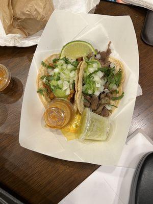 Loaded Fries, loaded nachos, and 2 tacos.  Food is great!!