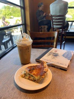 Spinach, bacon, tomato quiche and a cold brew.