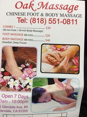 It does not show on this brochure but I got the 90 min massage includes 60 min body and 30 min reflexology. Worth it!