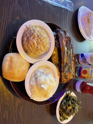 Ribs, dressing, mashed potatoes, greens, and sweet potato pie!