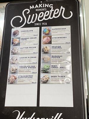 Ice cream menu