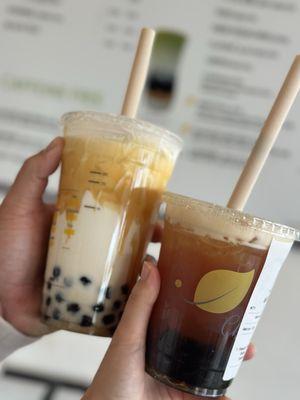 Peach Black Tea (Medium) and Caramel Milk Latte (Large)