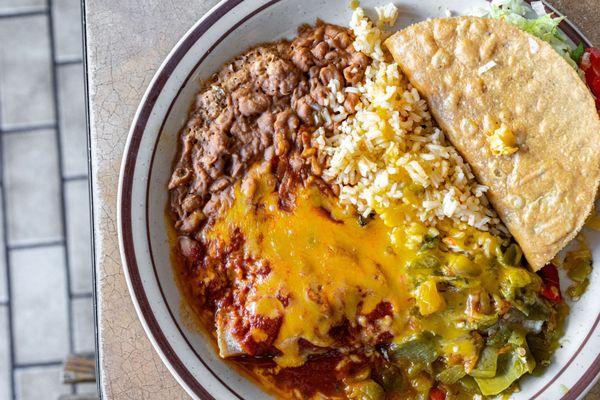 Mexican Combo ($11) w/ Christmas enchiladas, rice, beans and a crunchy taco