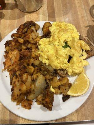 Avocado Toast (scrambled eggs); Breakfast potatoes