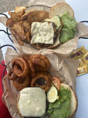 Top: Sweet Potato Burger w Chips Bottom: Beyond Burger w Onion Rings