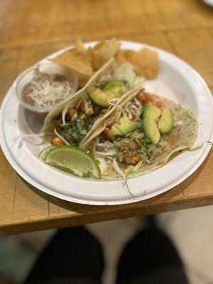 Salsa Verde Grilled Shrimp, avocado, melted cheese, creamy chipolte sauce, really good tacos.