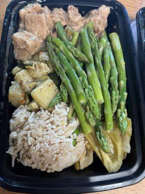 Pork, brown rice, potatoes, asparagus