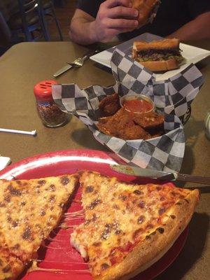 Top : Cheese steak with greens Middle : Fried raviolis  Bottom : Cheese pizza slices