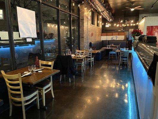 Cheery, cozy space with polished concrete floors.