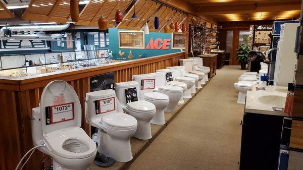 Toilets, bath/kitchen fixtures at far end and pendant lights above toilets