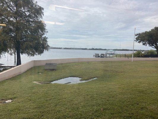 Outside area, really nice view of the water! Pastor Tim said they throw a 4th of July party out here every year!