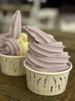 Lavender soft serve ice cream (made with coconut milk) and Lavender/Vanilla Swirl