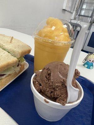 Chicken sandwich, mango smoothies and good chocolate soft serve