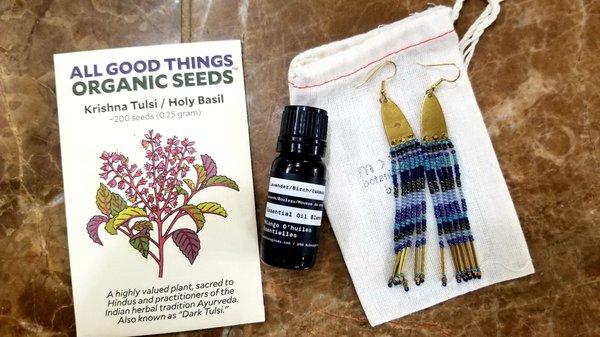 Organic tutsi seeds $3.50, 10 mls essential oil of lavendar/birch/oak moss $18, cute beaded earrings (forty something). Love this store!