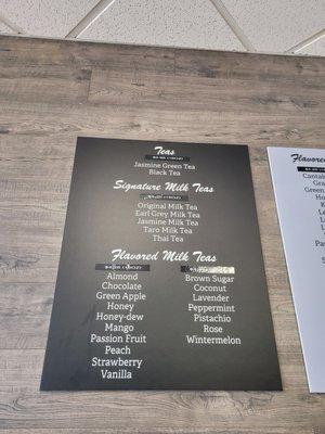 Milk tea menu