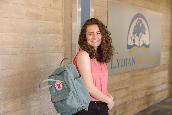 Rachel in the lobby of Lydian Academy Burlingame.