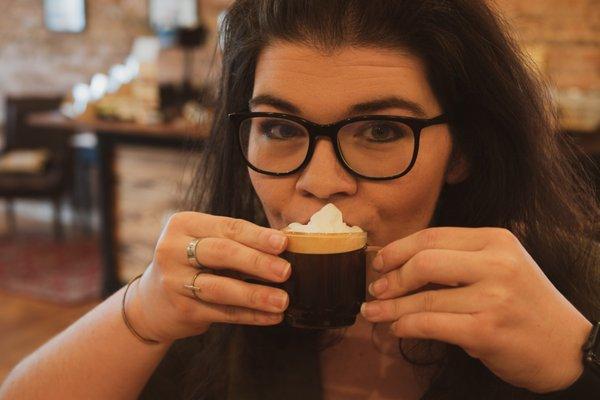 Chocolate Spark: Chocolate sauce, triple shot of espresso, topped with whipped cream and powdered sugar.