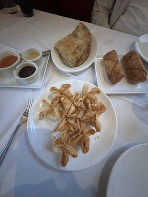 Spring rolls, crab rangoons, scallion pancakes